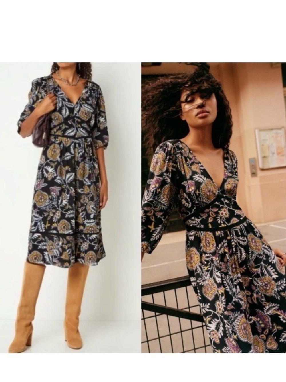 ba&sh Vienne Black Paisley Floral V Neck Midi Dress French Boho US 6